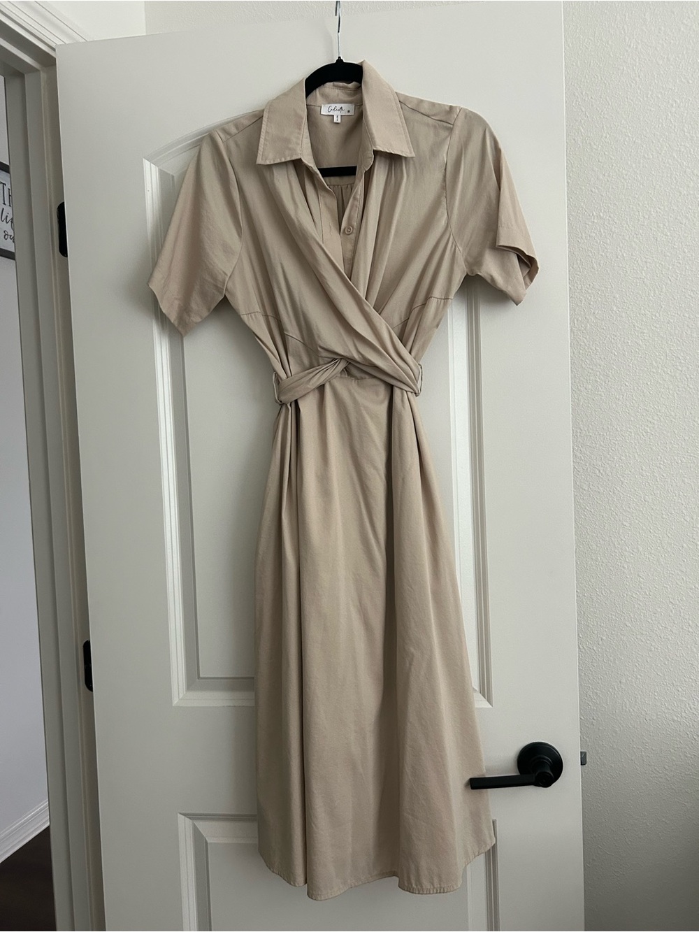 Calista Beige Wrap-Front Midi Shirt Dress